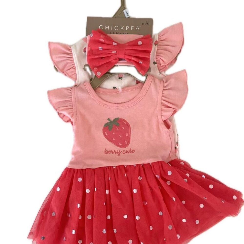 NEW Chick-pea Baby Girl's Strawberry Dress, Onsie and Bow Set